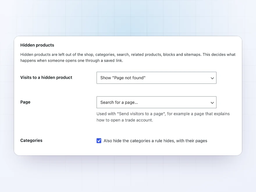 Settings for links to hidden products, hidden categories, logging in and shop managers