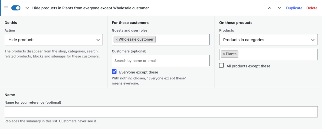 A Hide Products & Prices by User Role rule with the settings Do this, For these customers and On these products