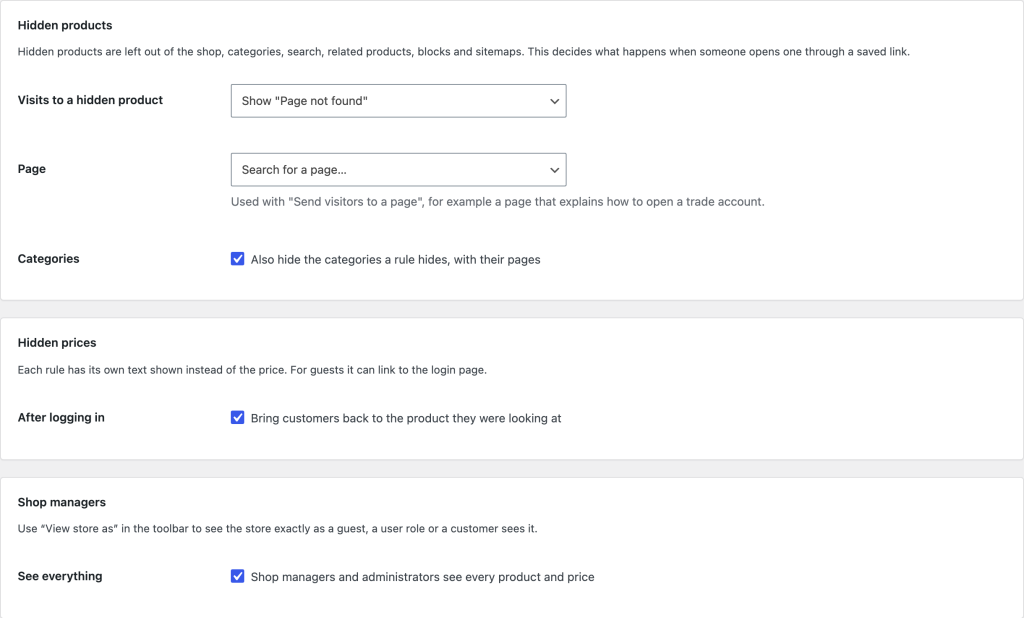 Hide Products & Prices by User Role settings for hidden products, hidden prices and shop managers