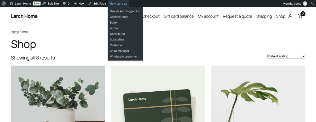 The View store as menu in the WordPress admin toolbar, listing guests and user roles such as Customer and Wholesale customer