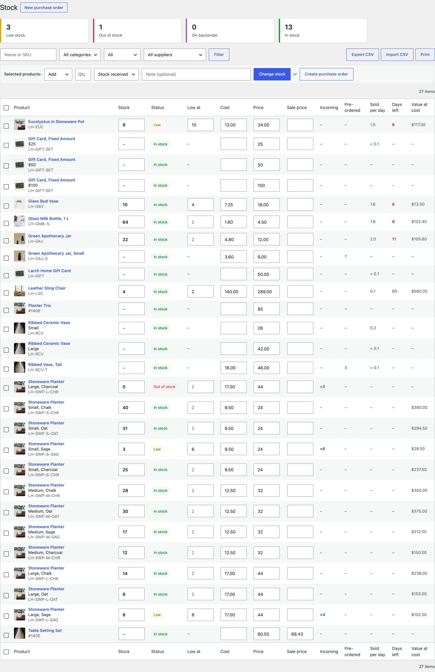 The stock list.
