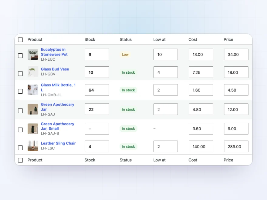 Stock list with editable stock, low-stock levels, costs and prices