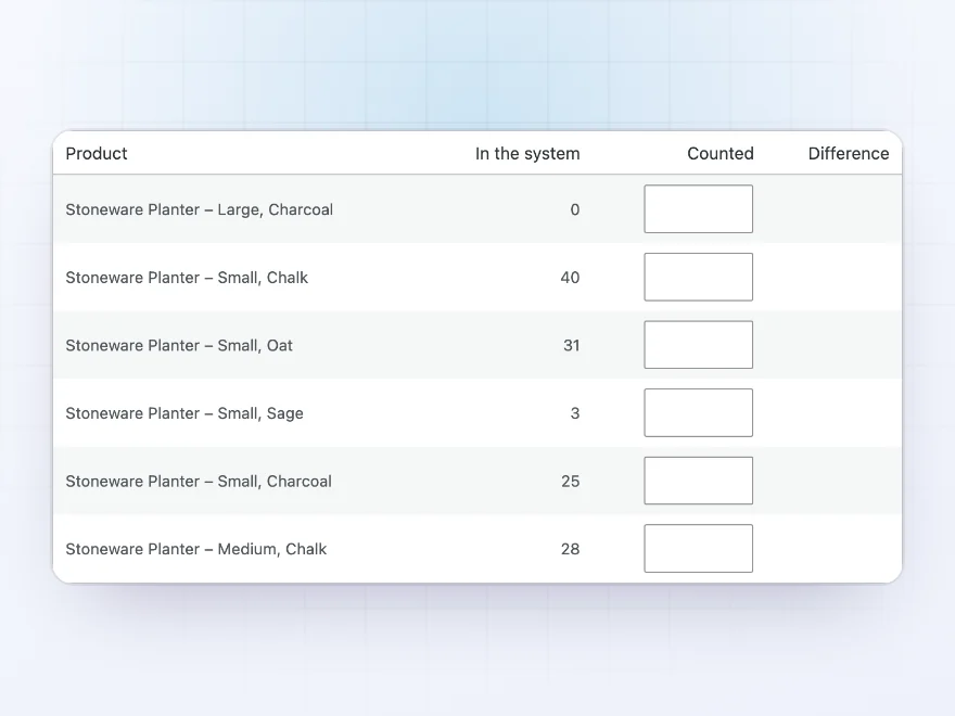 Stocktake screen with counts and differences