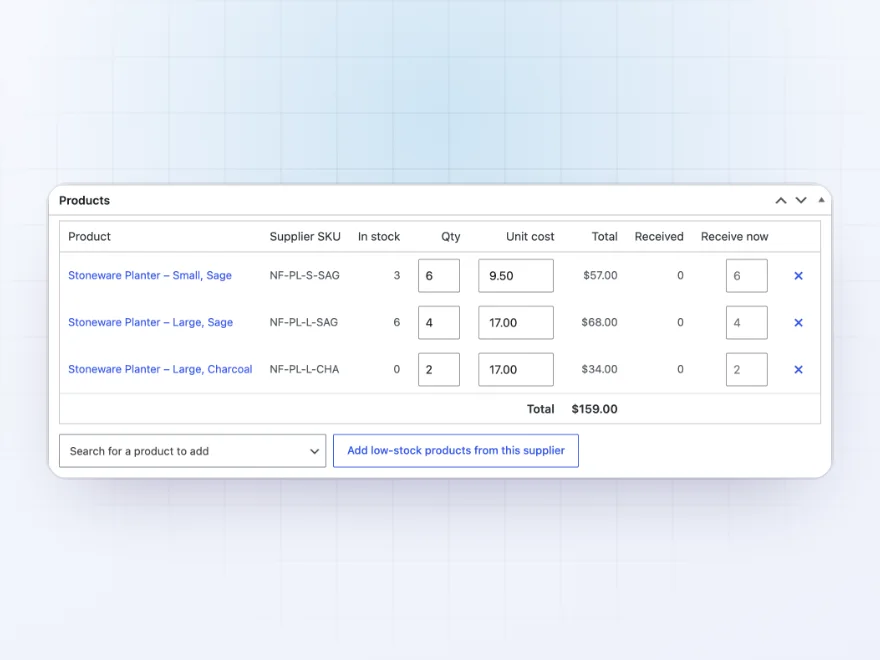 Purchase order lines with supplier SKUs, quantities and costs