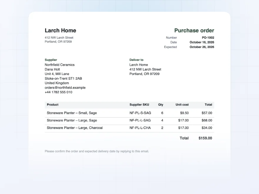 Purchase order PDF with supplier, lines and totals