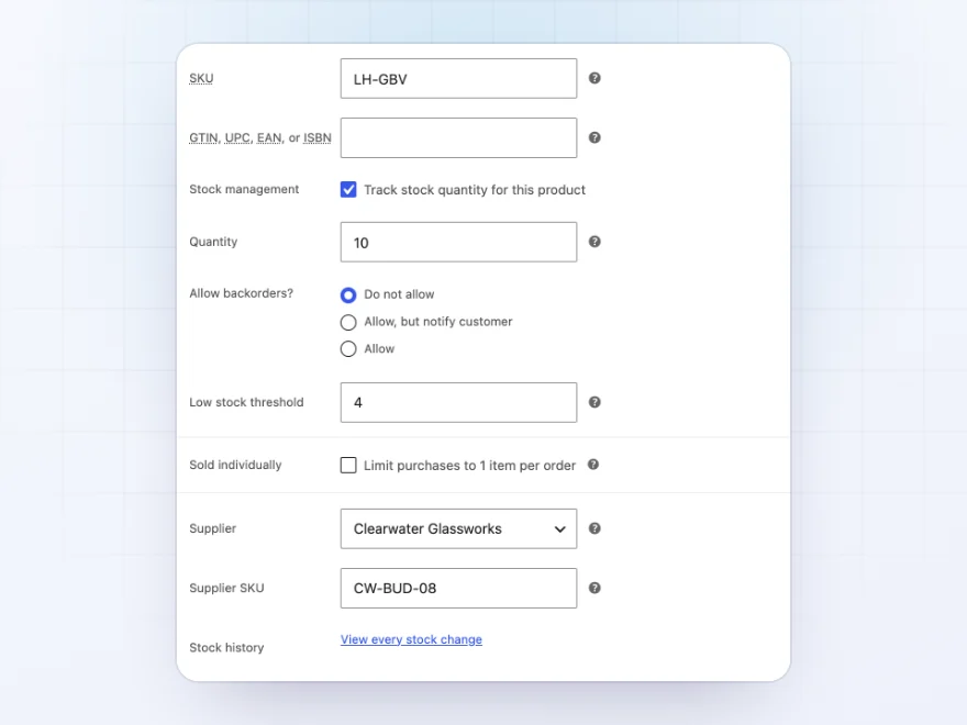 Product inventory tab with the stock, low-stock level and supplier