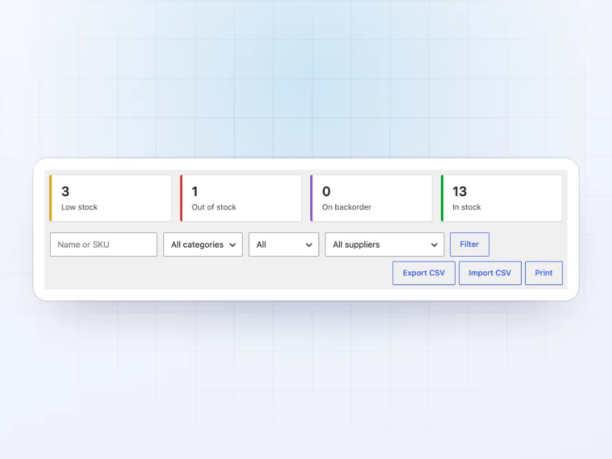 Stock screen with low stock, out of stock and in stock counts, filters and Export CSV, Import CSV and Print buttons