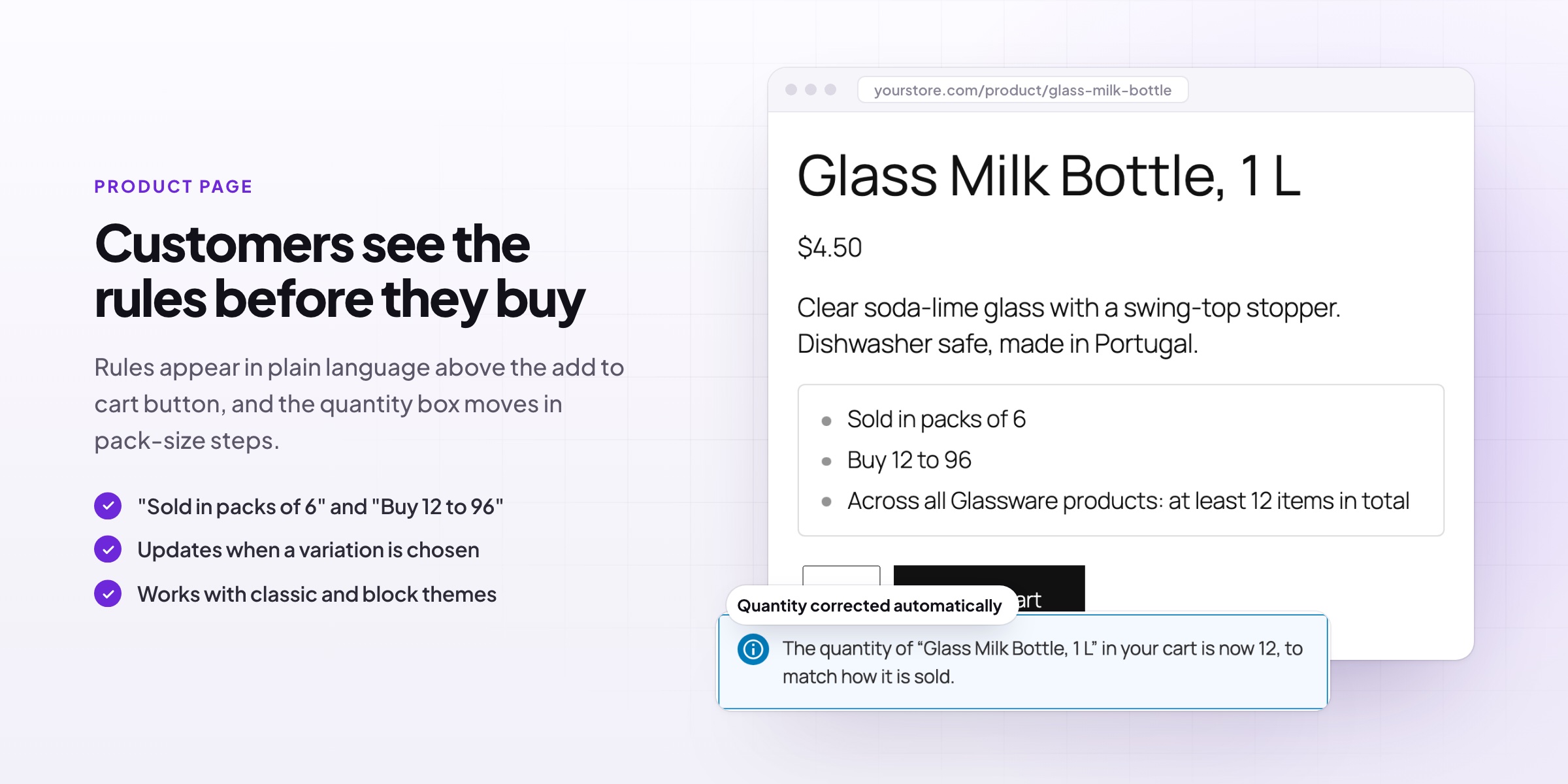 Quantity rules shown on a WooCommerce product page