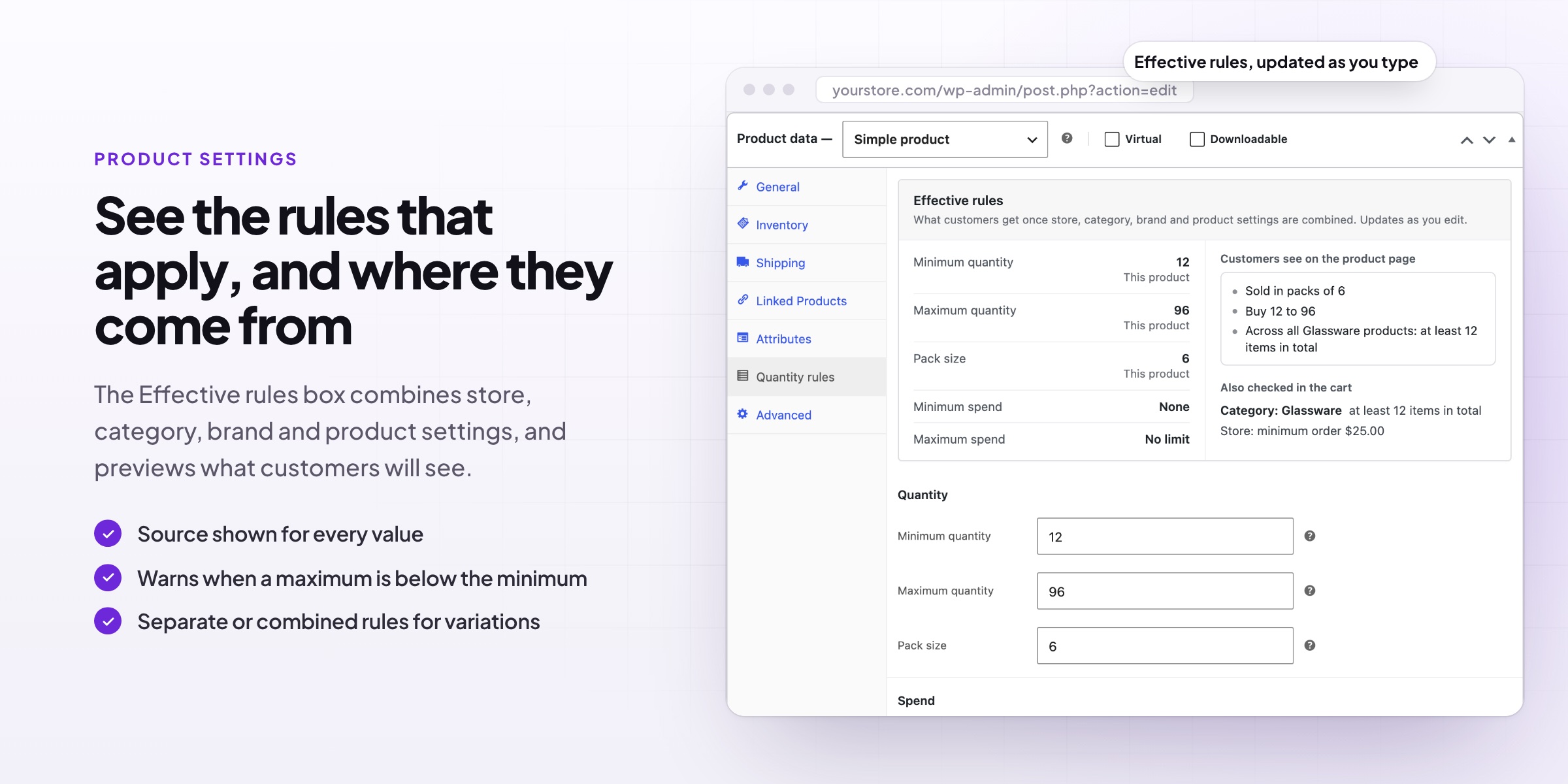 Effective rules box in the WooCommerce product editor