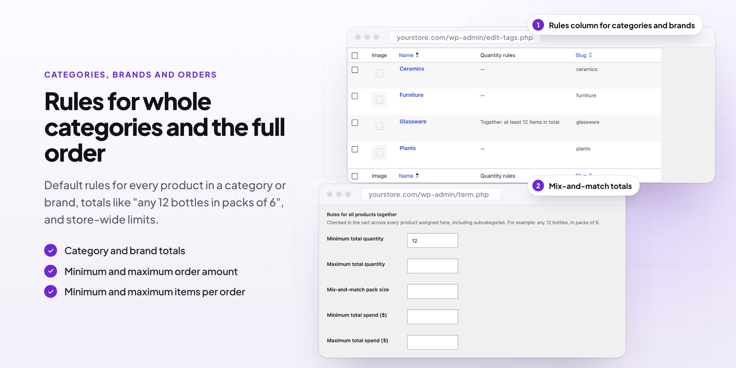 Quantity rules for product categories and brands