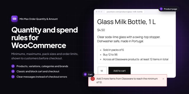 Min Max Order Quantity & Amount: product page showing Sold in packs of 6 and a cart notice