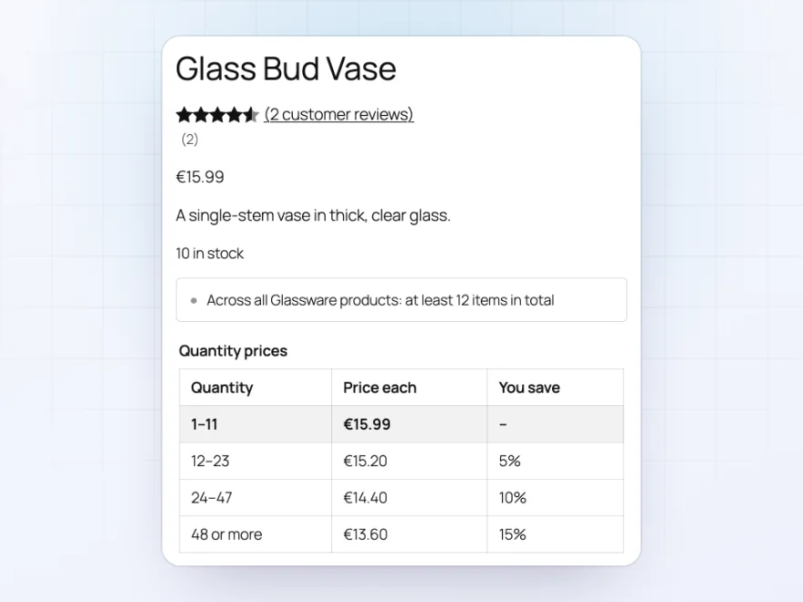 Product page in euros with quantity price table