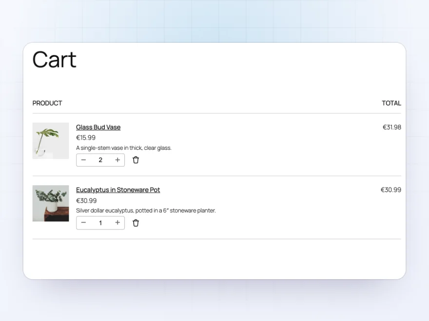 Cart in euros with converted prices, shipping and total