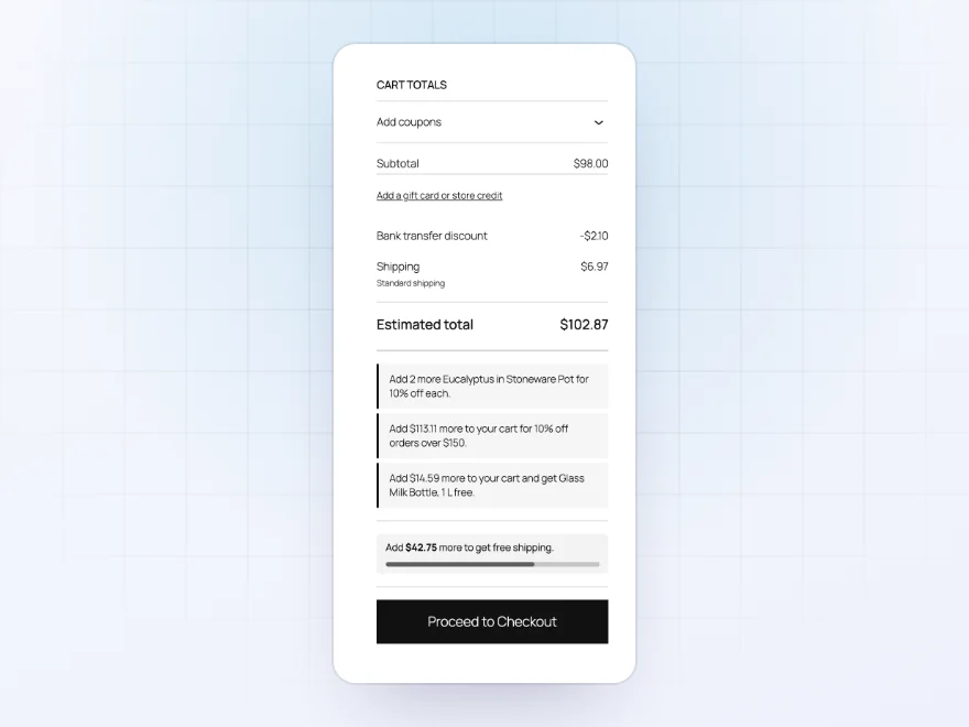 Cart totals in Canadian dollars, with discount and free shipping messages in dollars