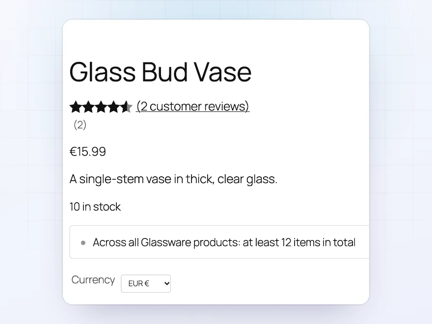 Product page in euros with the currency switcher above the price table