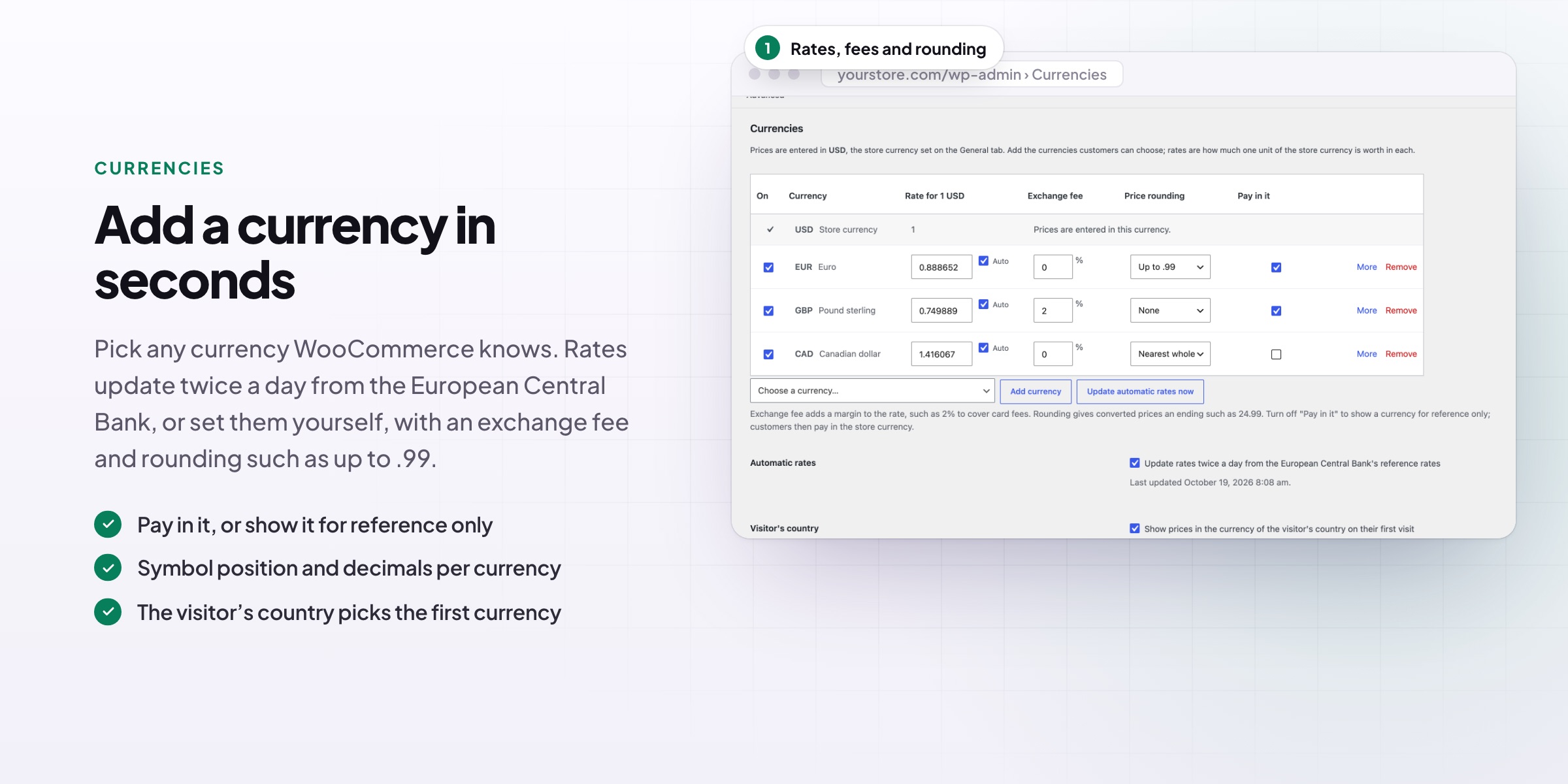 Multi Currency Switcher: currencies with rates, fees and rounding