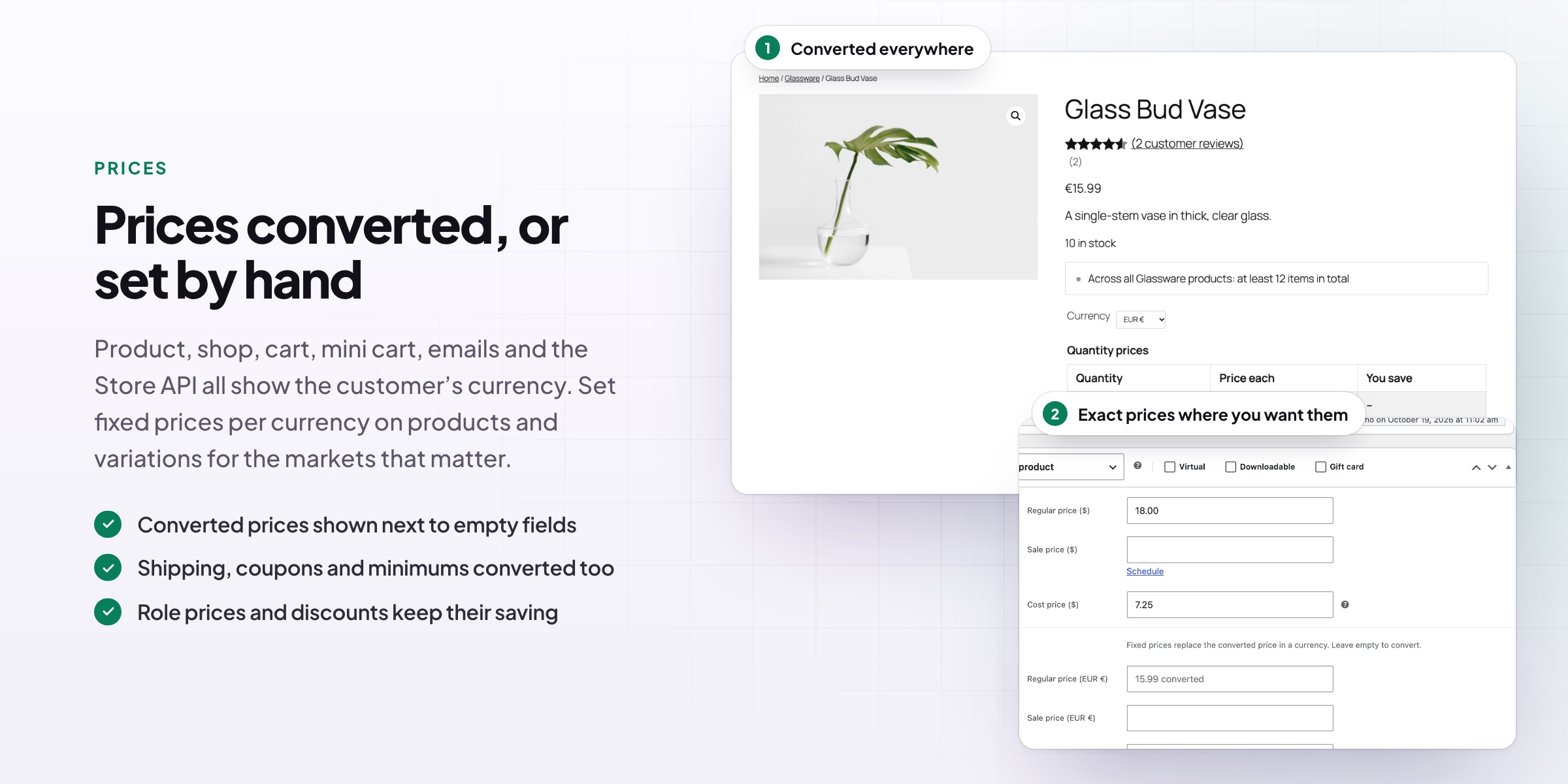Multi Currency Switcher: a product page in euros and fixed prices