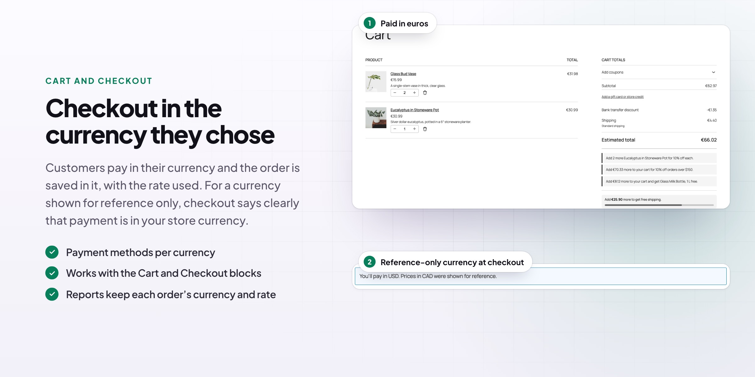 Multi Currency Switcher: the cart in euros and a reference-only currency