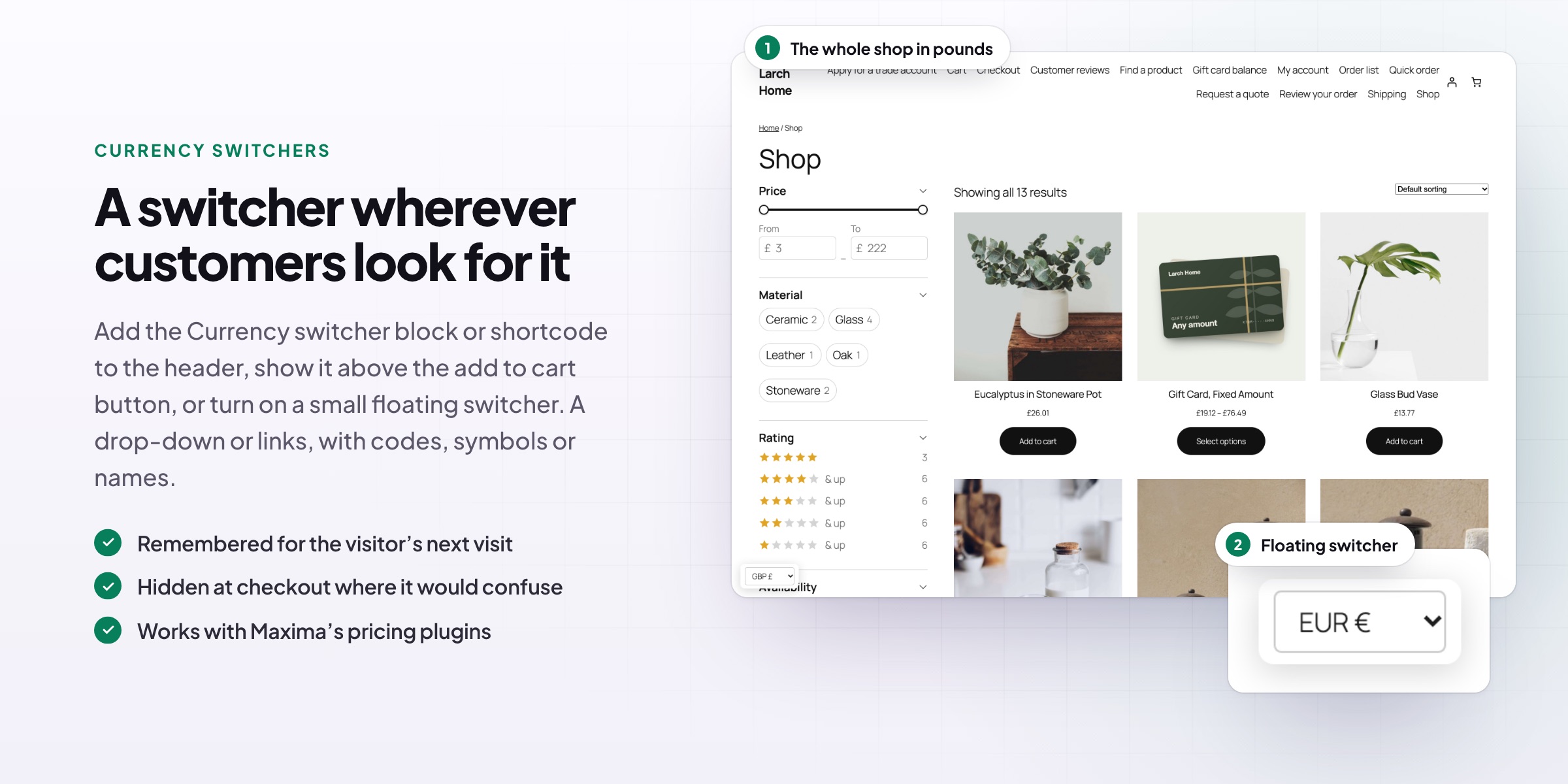 Multi Currency Switcher: the shop in pounds and the floating switcher
