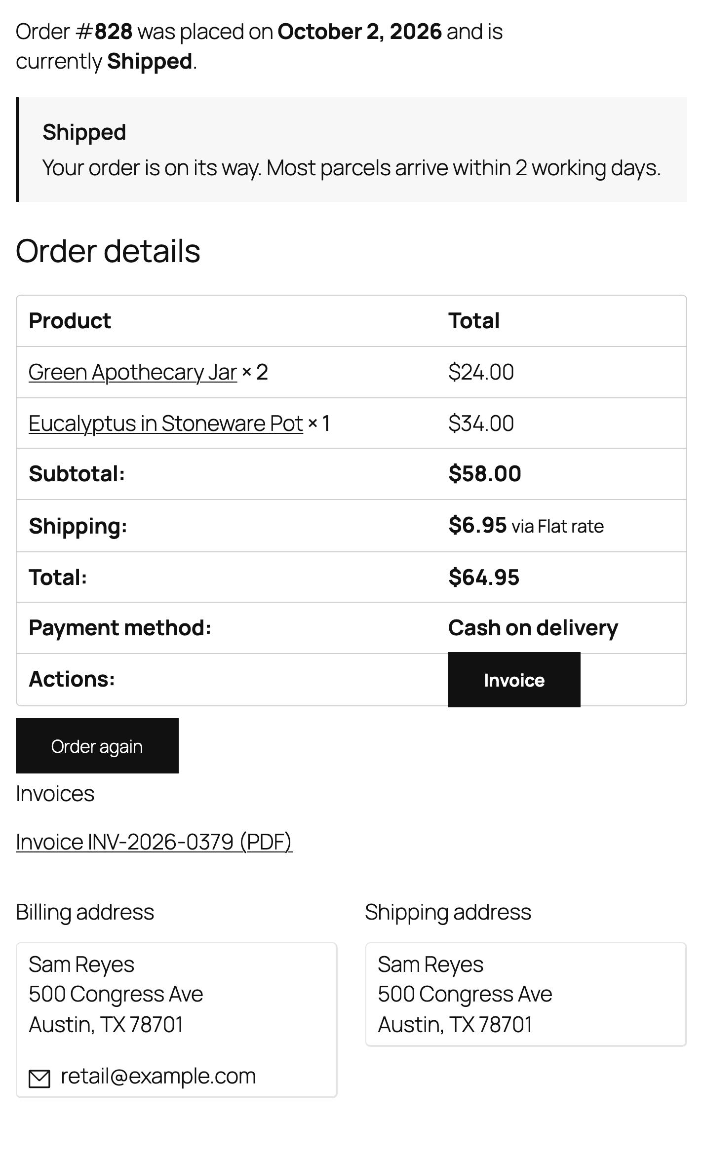 A Shipped order in My account.