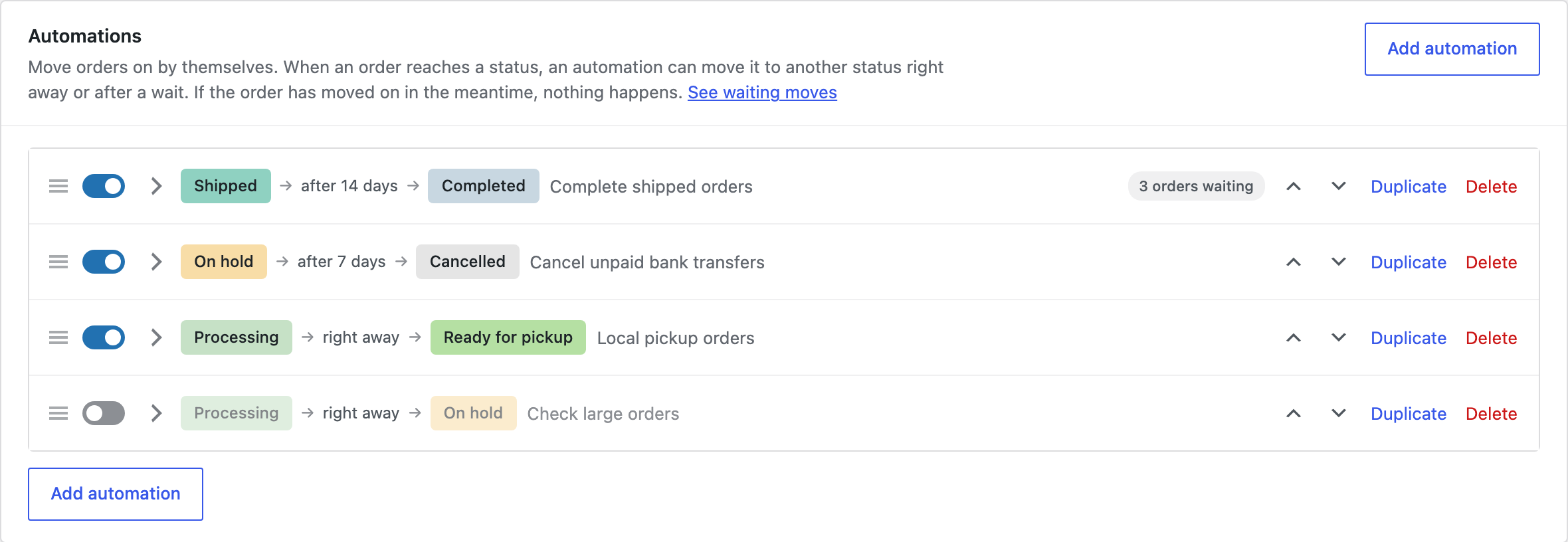 Automations, each with a summary and the orders waiting.