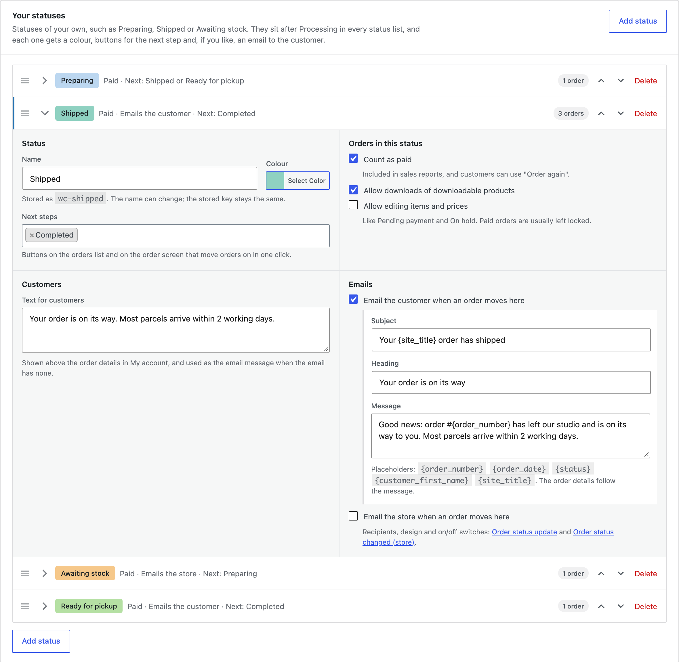 An open status: Shipped.