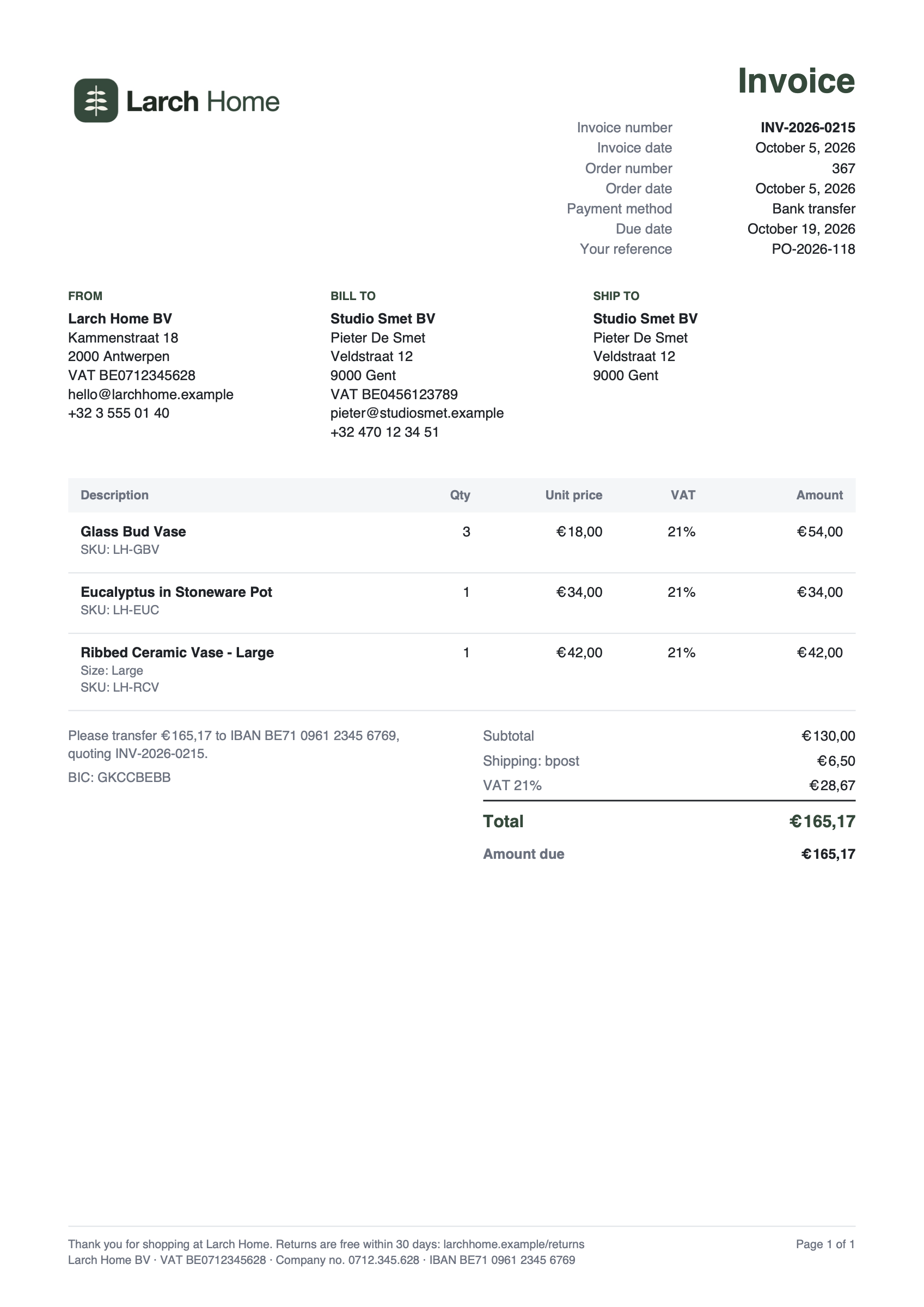 An invoice with a logo, VAT per line and bank details.