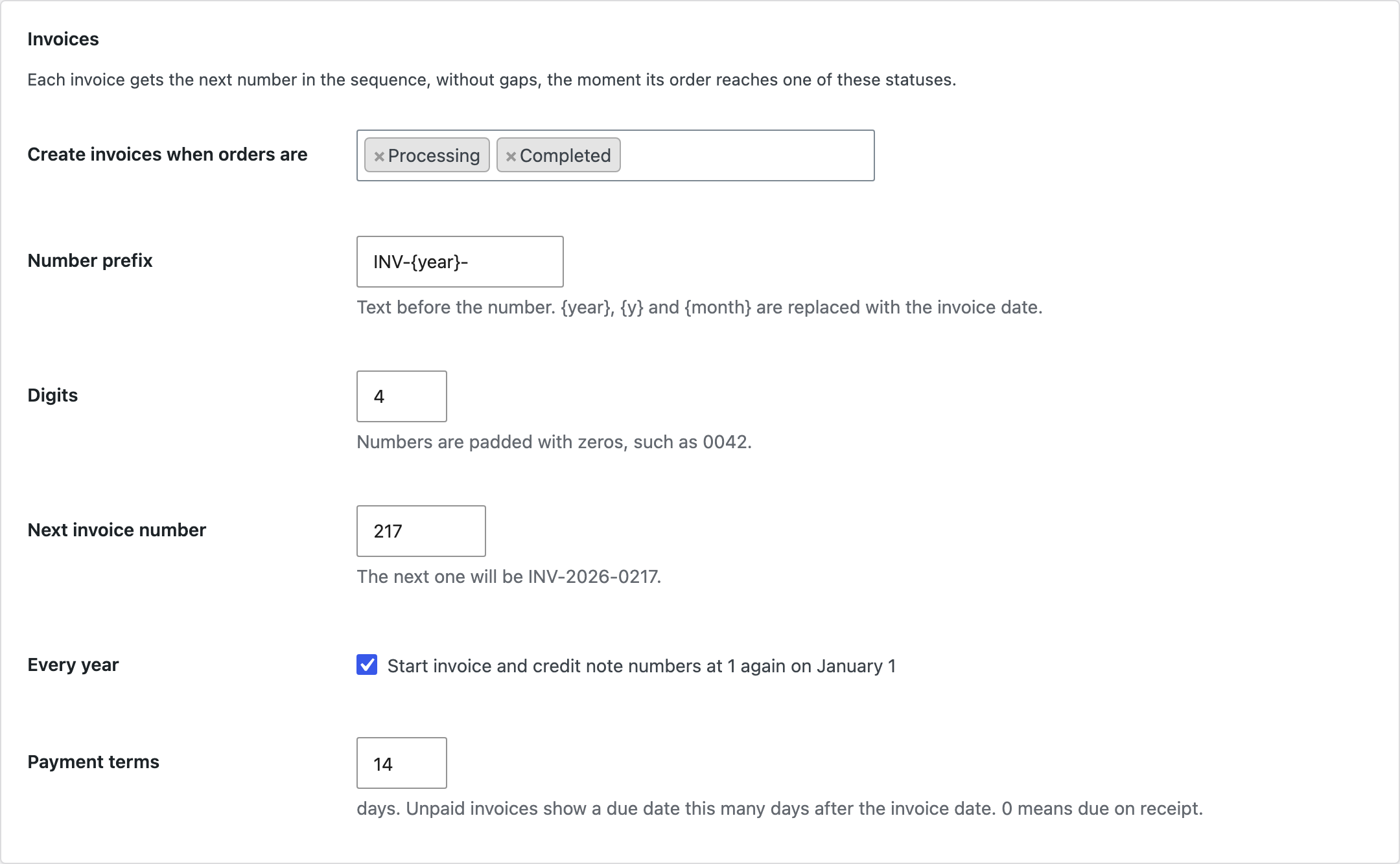 Numbering settings.