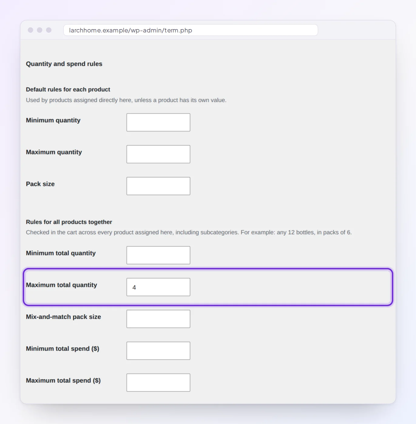 Maximum total quantity of 4 set for the Plants category in the category quantity rules