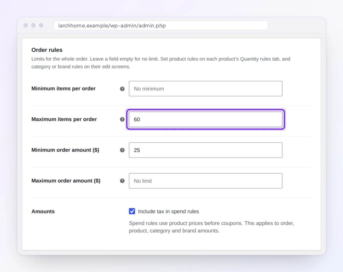 Order rules settings with Maximum items per order set to 60 and a $25 minimum order amount