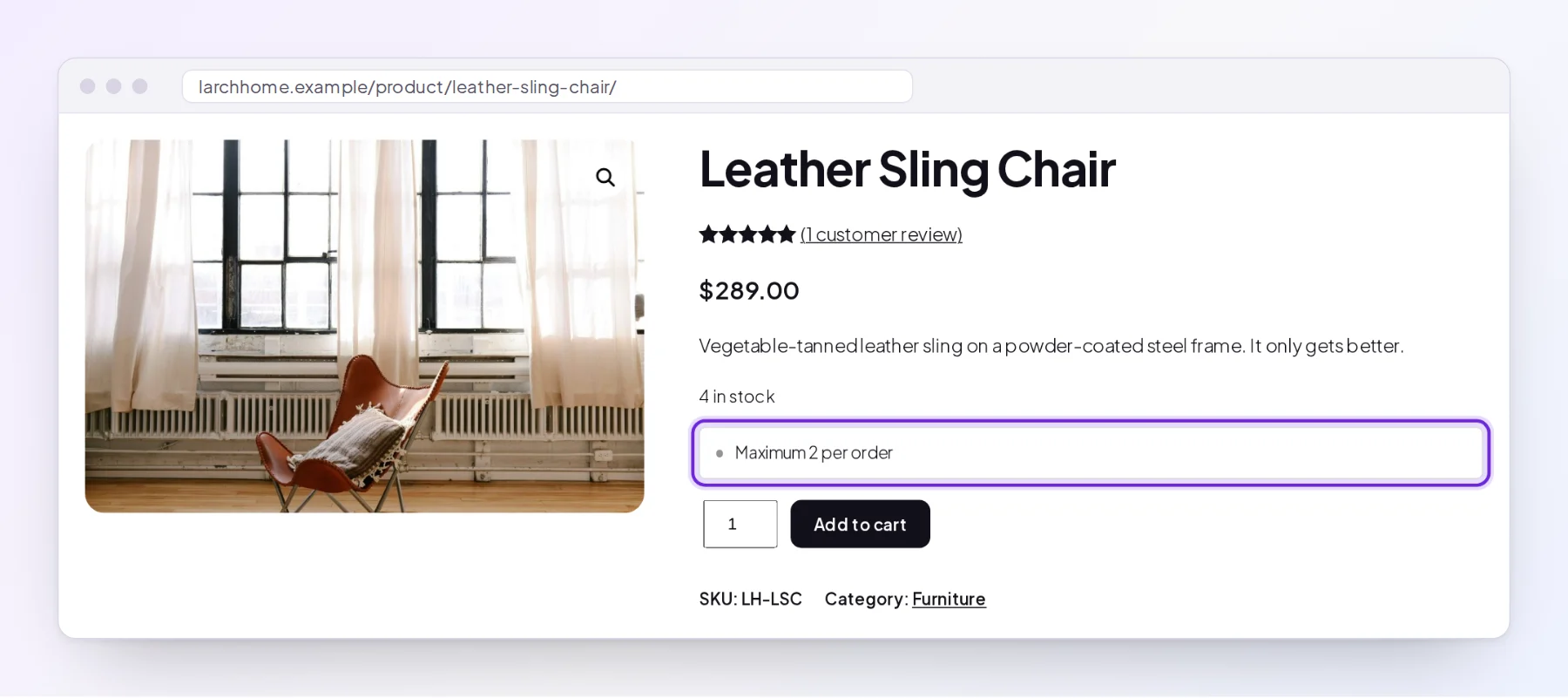 Product page showing the notice Maximum 2 per order above the quantity box and Add to cart button