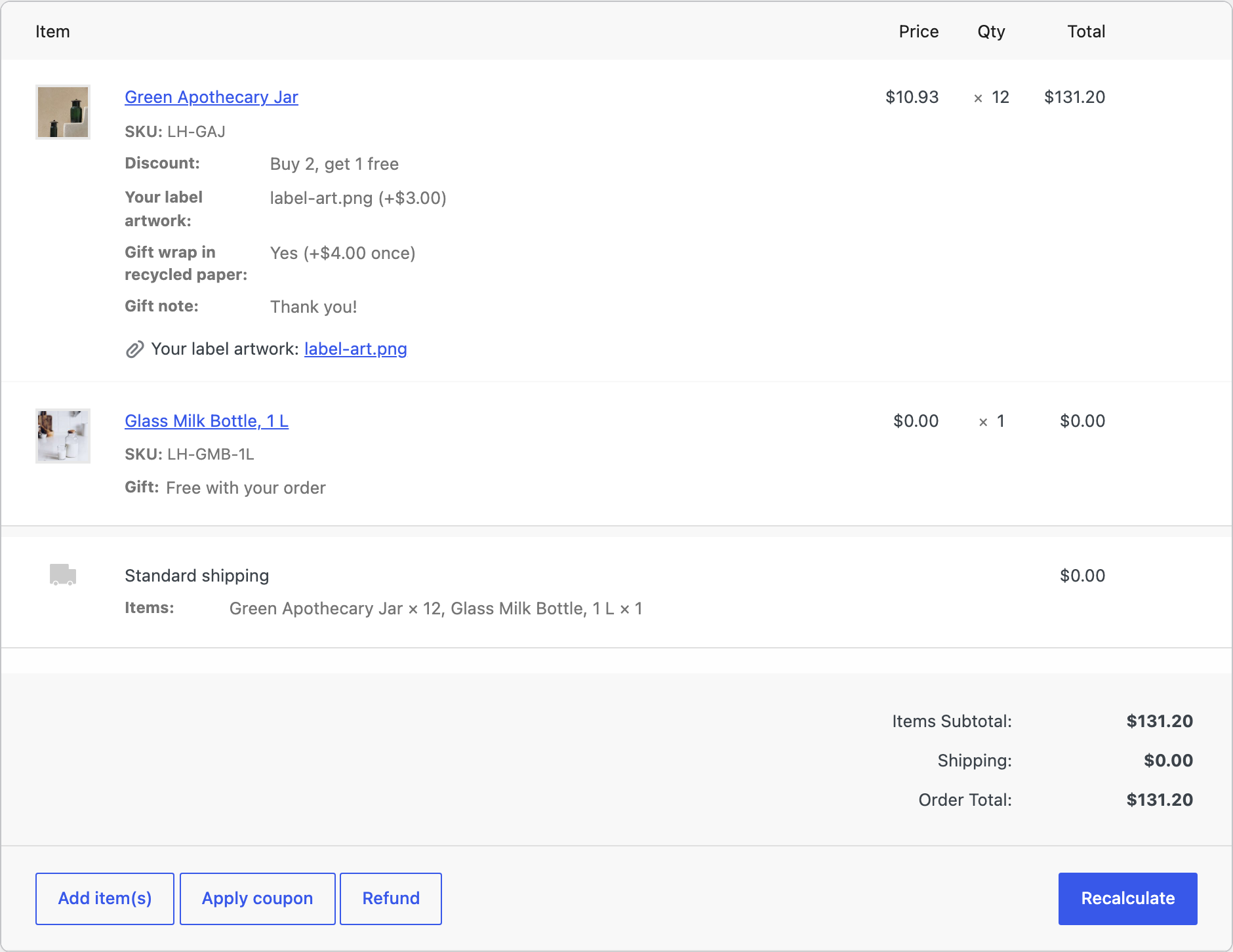 Options and an uploaded file on an order.