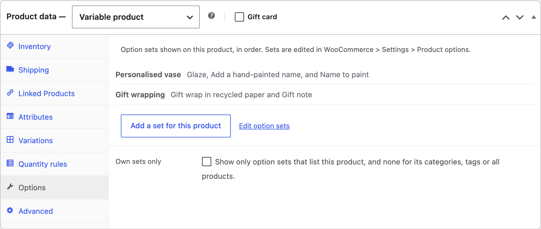 The Options tab on a product.