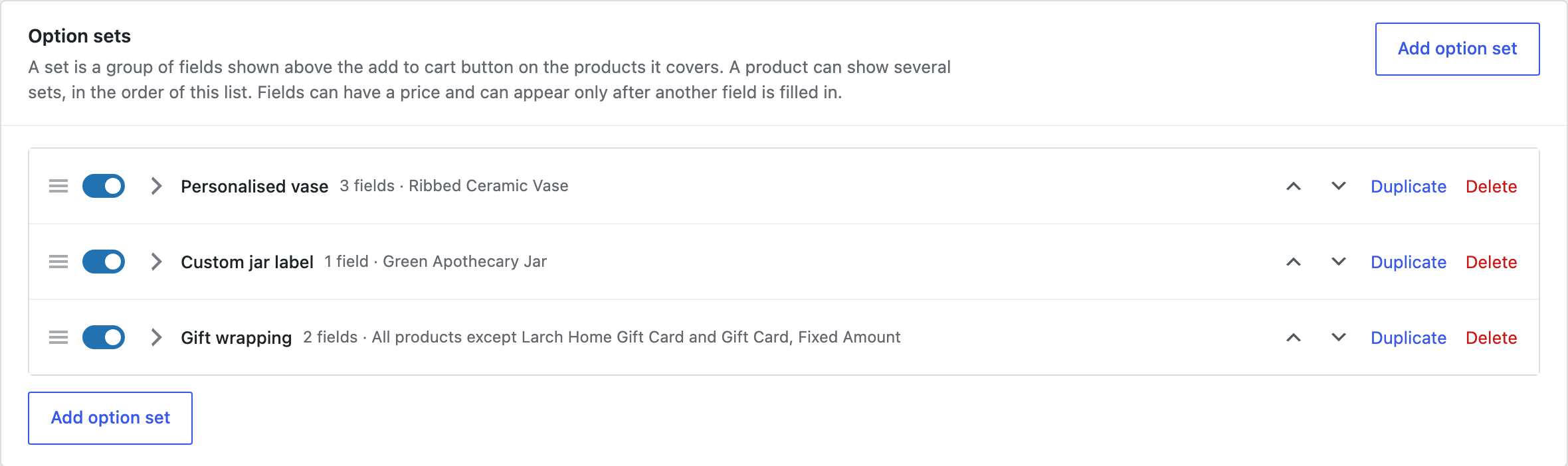 Option sets, each with a summary.