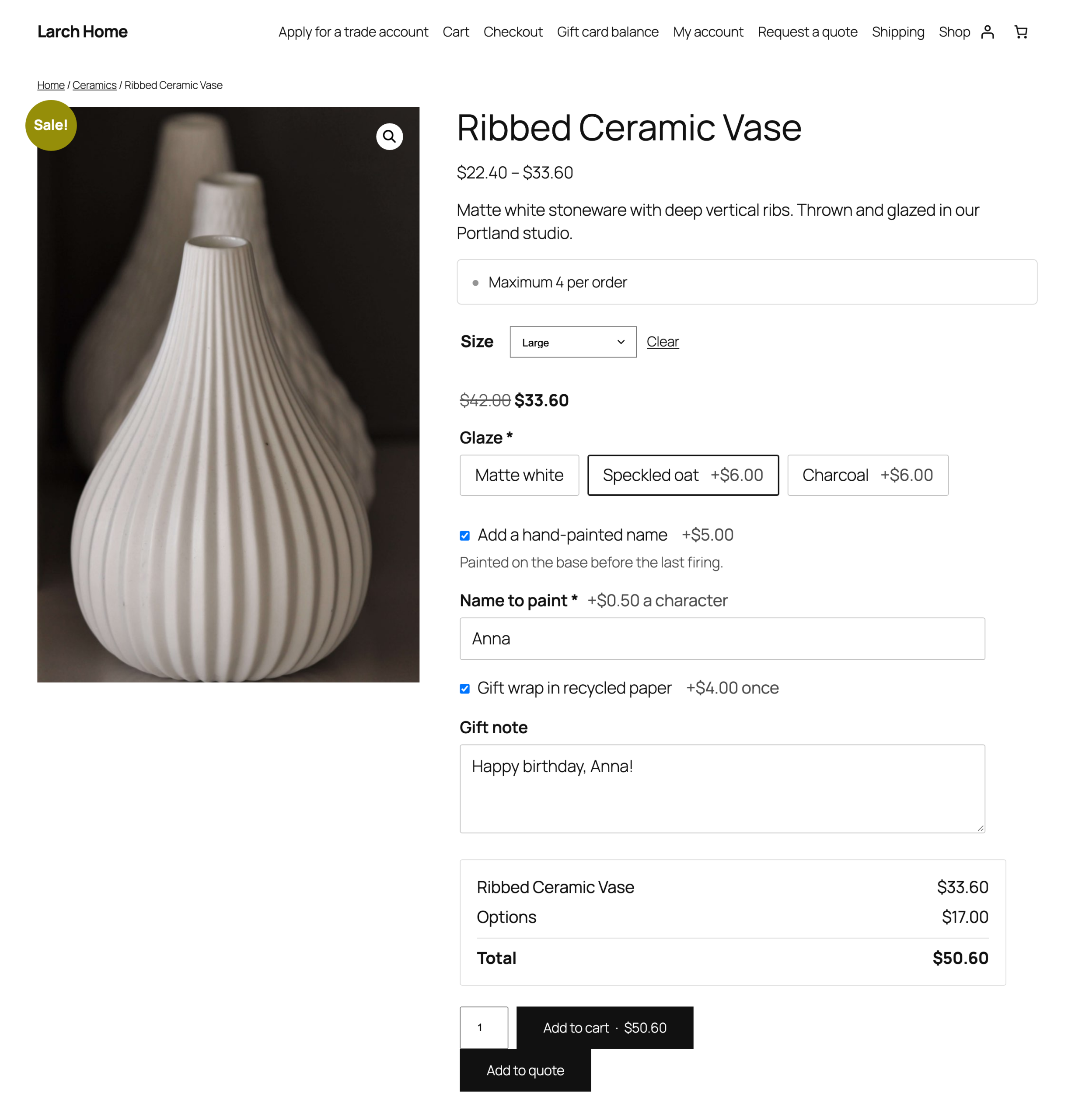 Options on a product page, with the summary and the total on the button.
