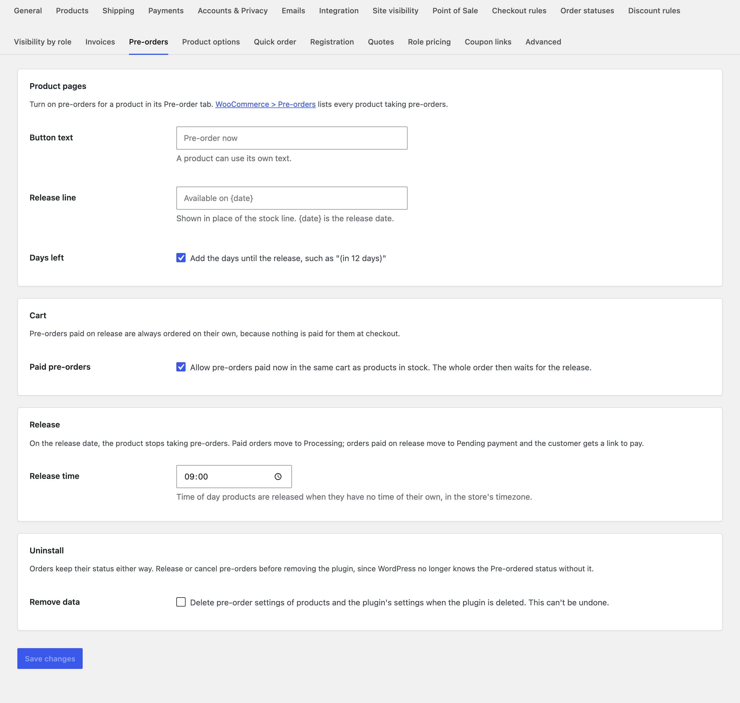 Pre-orders settings.