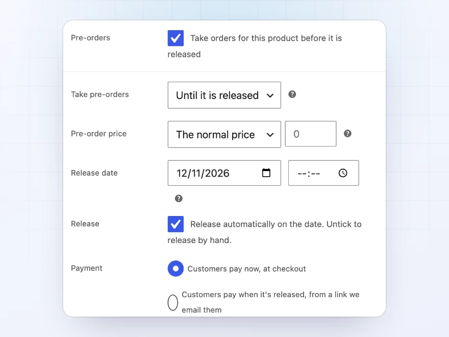 Pre-order tab with the release date, automatic release and payment settings