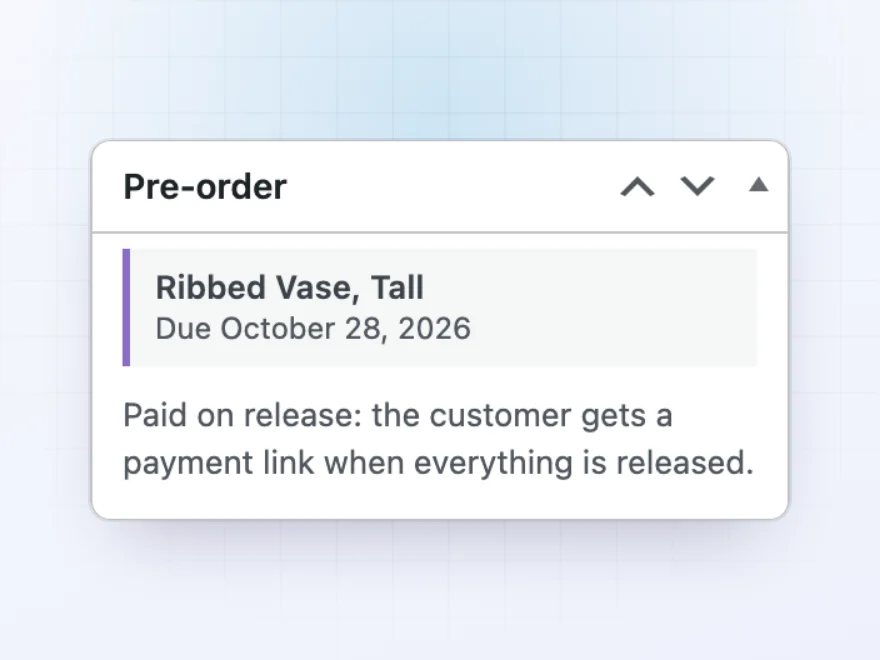 Pre-order box on an order: due October 28, 2026, paid on release with a payment link