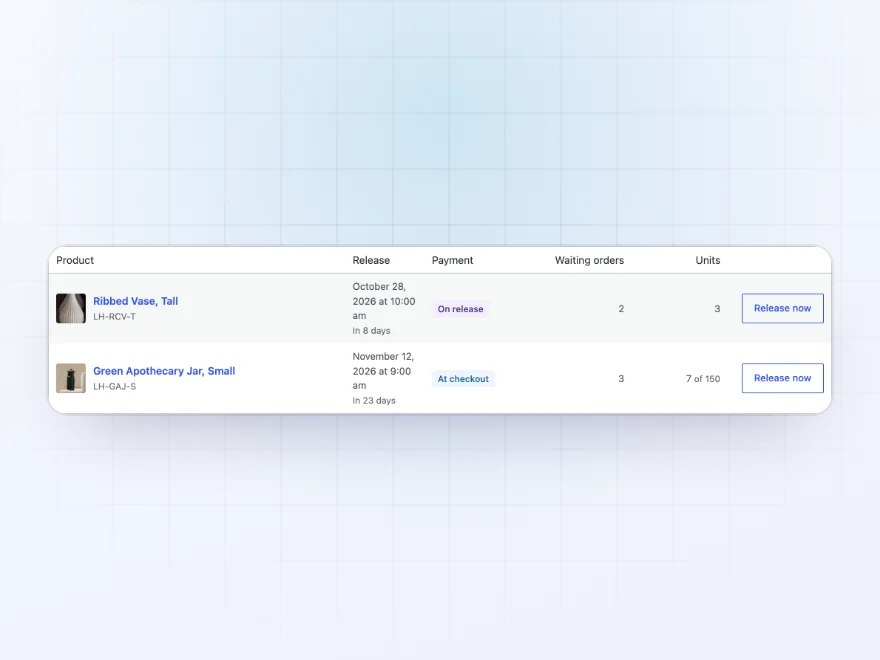 Pre-orders screen listing products with their release dates, orders and units waiting