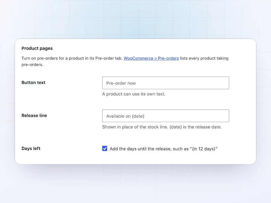 Pre-order settings for button text, availability text and the cart