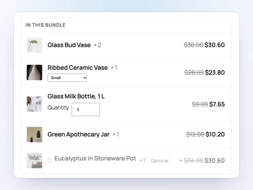 Bundle page listing a bud vase, a ribbed vase with size and glaze choices, milk bottles and a jar