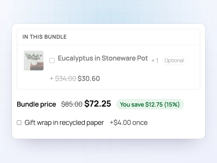 Optional eucalyptus with a 10% discount and the bundle saving line