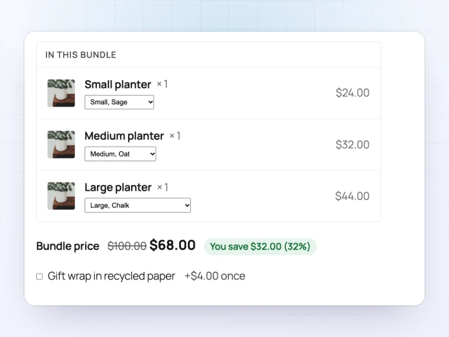 Planter Trio bundle with three sizes at a fixed price of $85 and the saving shown