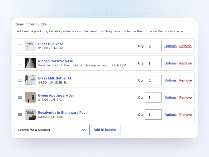Bundled items tab with five products, their quantities and options