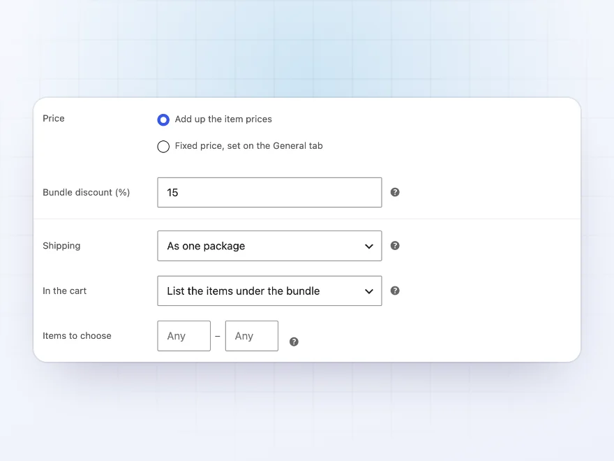 Bundle price, shipping and cart display settings