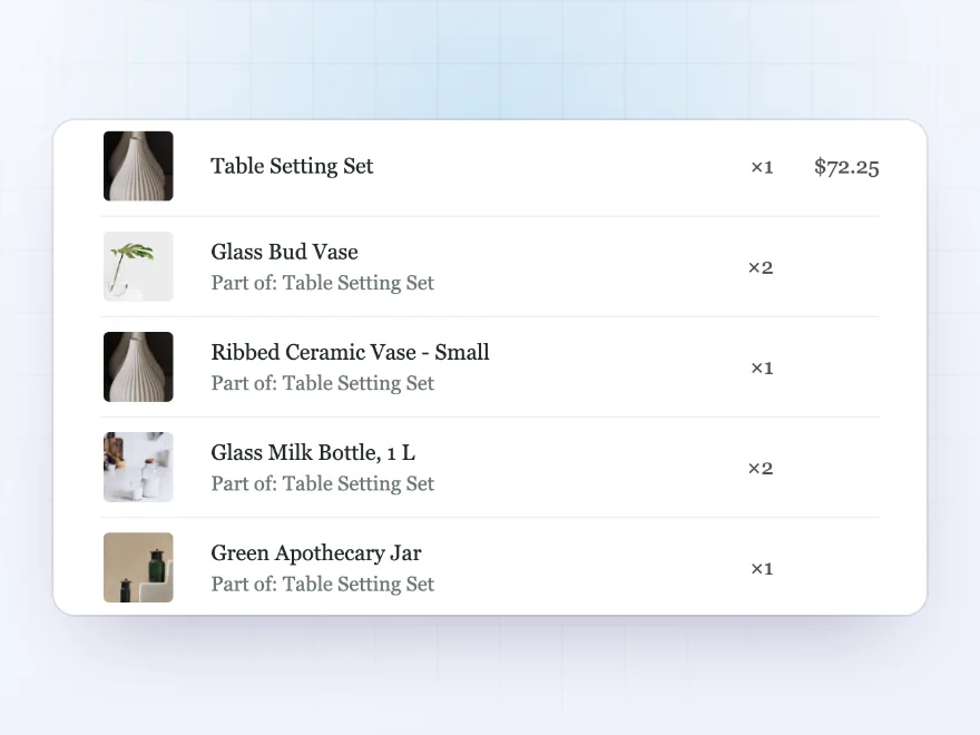 Order email listing the Table Setting Set with each item marked Part of: Table Setting Set