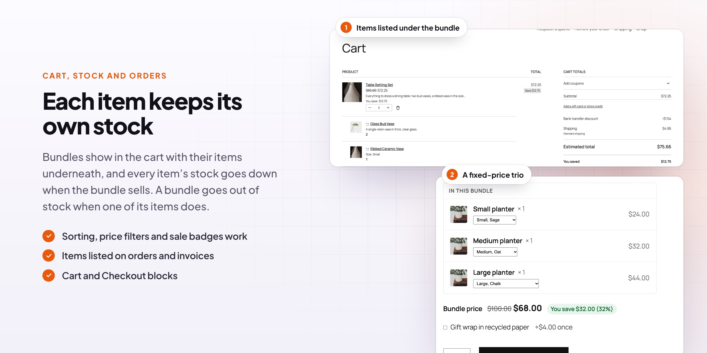 Product Bundles: the cart with the items listed, and a fixed-price trio