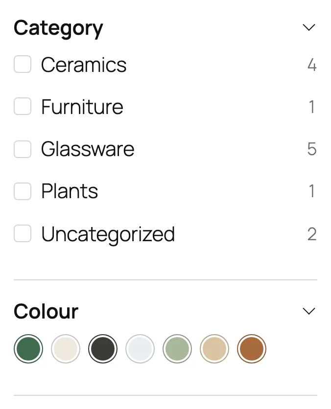 Color swatches and category checkboxes with counts.