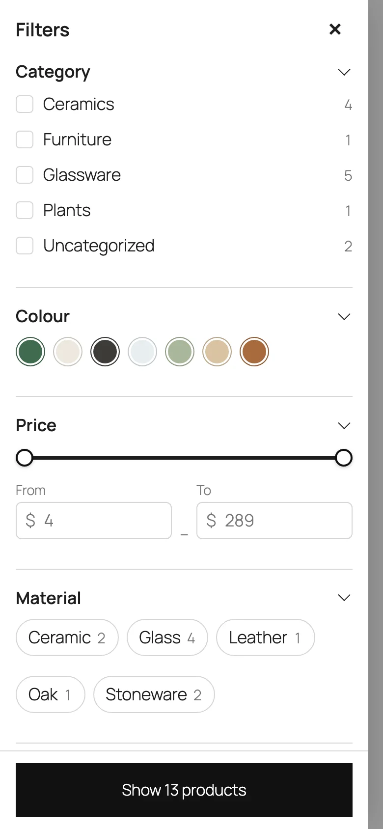 The filter drawer on a phone.