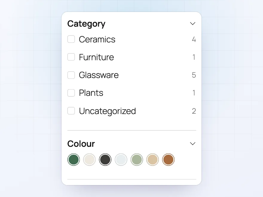 Category checkboxes with product counts and a row of color swatches